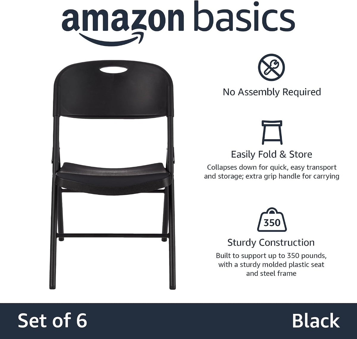 Amazon Basics Sturdy Foldable Portable Plastic Chair, 350-Pound Capacity, Supportive Seating for Events, Space-Saving, Black, 6-Pack