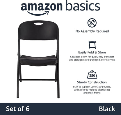 Amazon Basics Sturdy Foldable Portable Plastic Chair, 350-Pound Capacity, Supportive Seating for Events, Space-Saving, Black, 6-Pack
