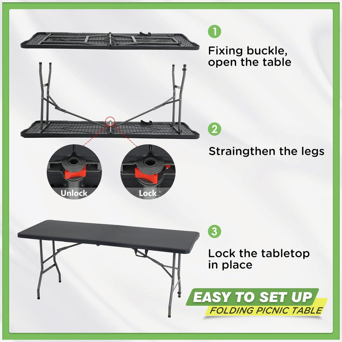 BestOffice | 6FT Folding Table | Black | Portable Plastic Table