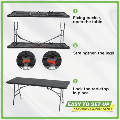BestOffice | 6FT Folding Table | Black | Portable Plastic Table