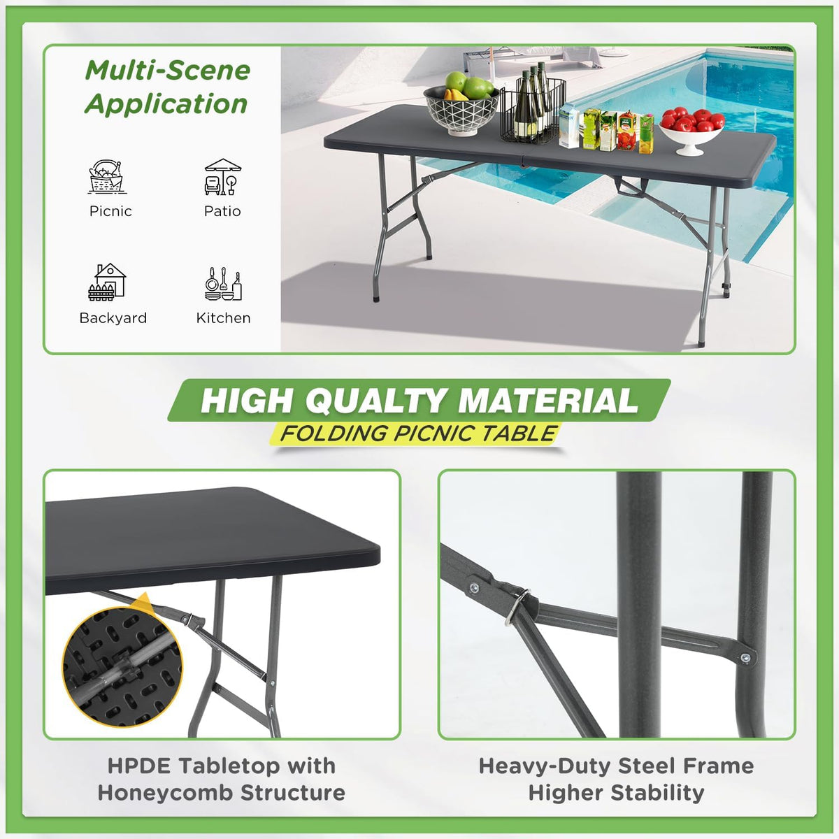 BestOffice | 6FT Folding Table | Black | Portable Plastic Table