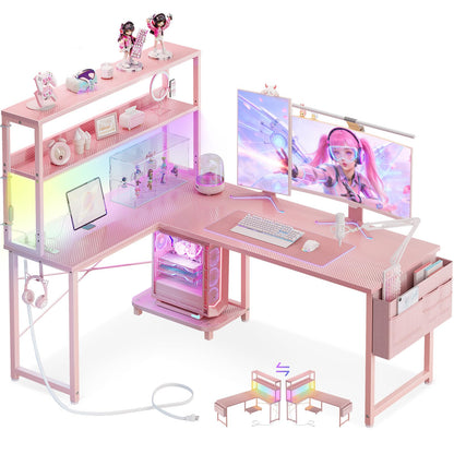 AODK L Shaped Desk Gaming Desk with LED Light & Power Outlet
