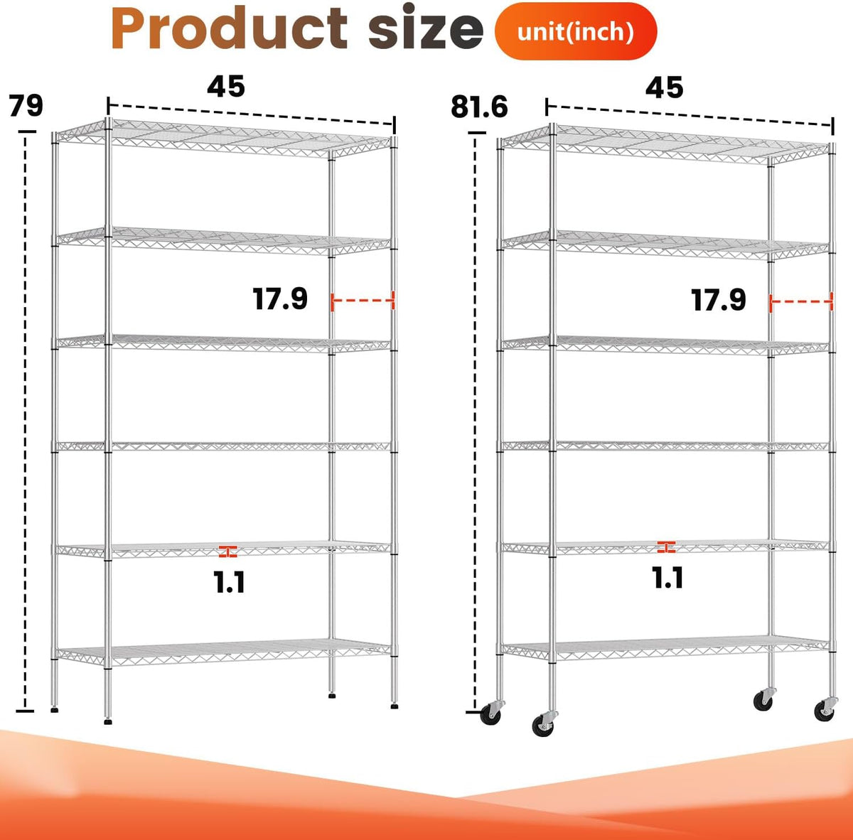 BestOffice | 6-Tier Wire Shelf with Wheels | 45" x 18" x 82" | Chrome