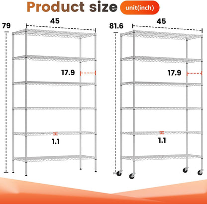 BestOffice | 6-Tier Wire Shelf with Wheels | 45" x 18" x 82" | Chrome