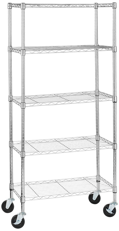 Amazon Basics 4-Shelf Adjustable Heavy Duty Storage Shelving Unit with Wheels, No-Tool Easy Assembly, Garage Shelving, Metal Wire Rack with Casters and Leveling Feet, 36" x 14" x 57.8", Chrome