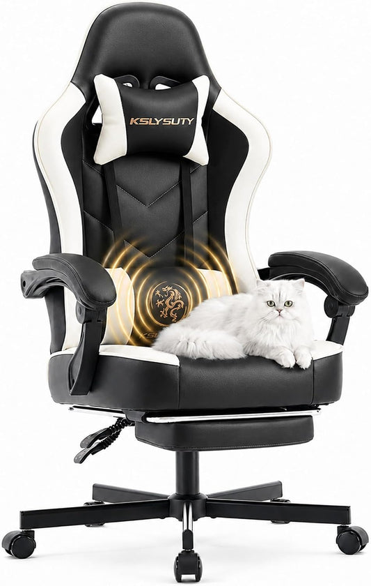Desk Computer Gaming Chair - High Back Ergonomic Office Chair with Footrest and Lumbar Support, Swivel Comfy Home Gamer Video Game Chairs with Pocket Spring Cushion for Adults (White Leather)