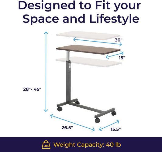 Drive Medical Overbed Table with Wheels, Woodgrain Top, Silver Vein