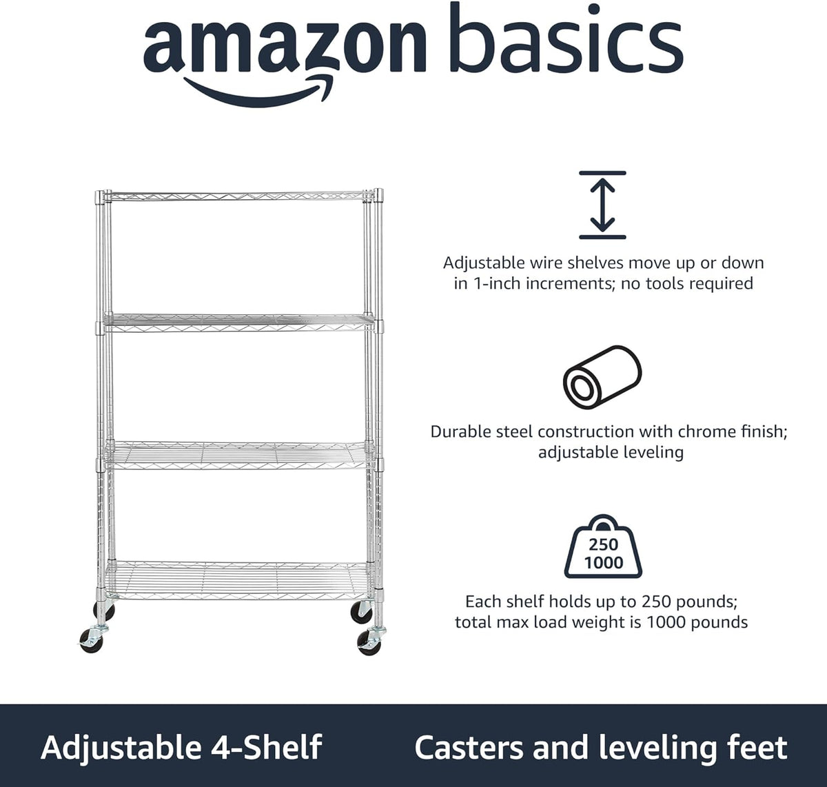 Amazon Basics 4-Shelf Adjustable Heavy Duty Storage Shelving Unit with Wheels, No-Tool Easy Assembly, Garage Shelving, Metal Wire Rack with Casters and Leveling Feet, 36" x 14" x 57.8", Chrome