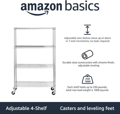 Amazon Basics 4-Shelf Adjustable Heavy Duty Storage Shelving Unit with Wheels, No-Tool Easy Assembly, Garage Shelving, Metal Wire Rack with Casters and Leveling Feet, 36" x 14" x 57.8", Chrome