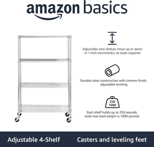 Amazon Basics 4-Shelf Adjustable Heavy Duty Storage Shelving Unit with Wheels, No-Tool Easy Assembly, Garage Shelving, Metal Wire Rack with Casters and Leveling Feet, 36" x 14" x 57.8", Chrome
