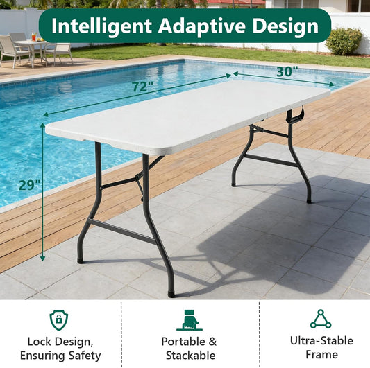 6FT Folding Table 4 Pack, Heavy Duty Plastic Table with Handel, 400lbs Portable Table, Reinforced Steel Legs, Fold-in-Half Table Ideal for Parties, Picnics, Weddings, Camping White