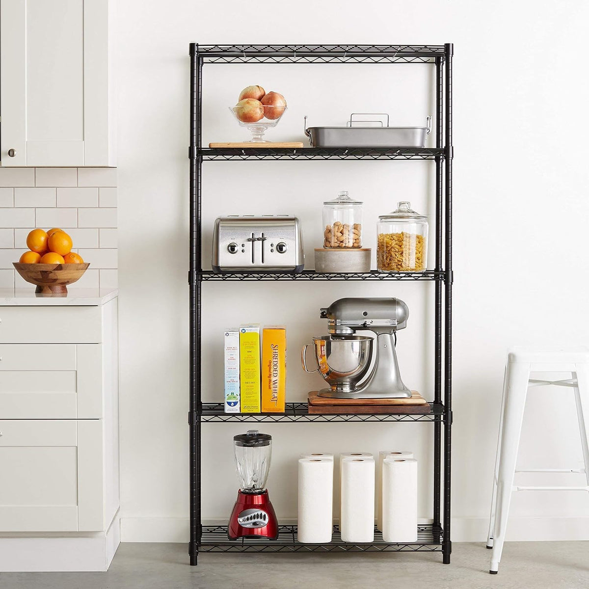 Amazon Basics 5-Shelf Adjustable Heavy Duty Steel Wire Rack, Space Saving Storage Shelving Organizer for Kitchen, Garage, No-Tool Assembly, 350 lbs Weight Capacity, 36" x 14" x 72", Chrome