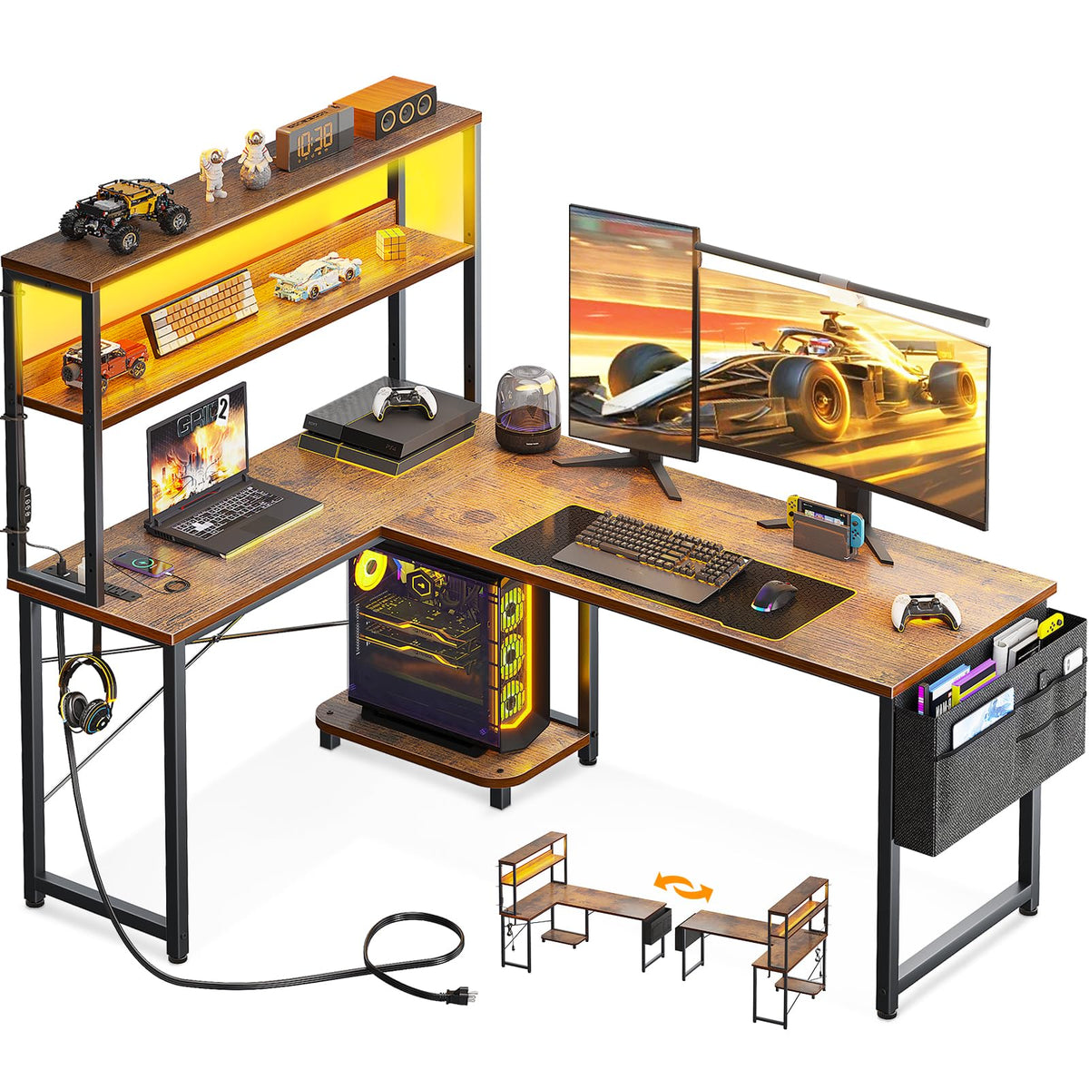 AODK L Shaped Desk Gaming Desk with LED Light & Power Outlet