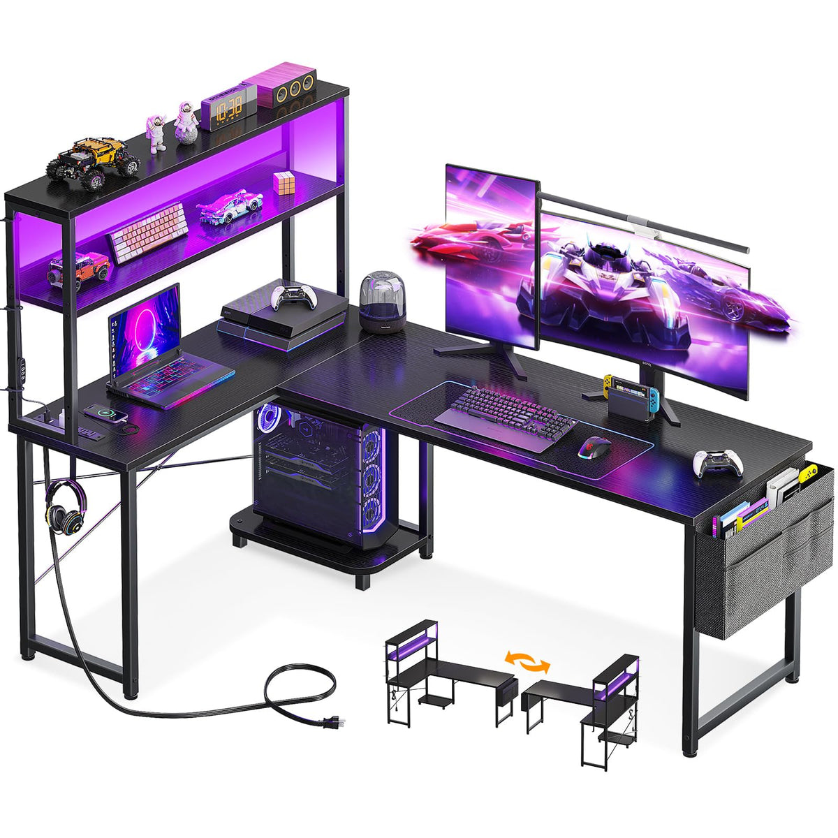 AODK L Shaped Desk Gaming Desk with LED Light & Power Outlet