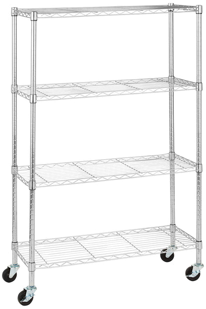 Amazon Basics 4-Shelf Adjustable Heavy Duty Storage Shelving Unit with Wheels, No-Tool Easy Assembly, Garage Shelving, Metal Wire Rack with Casters and Leveling Feet, 36" x 14" x 57.8", Chrome