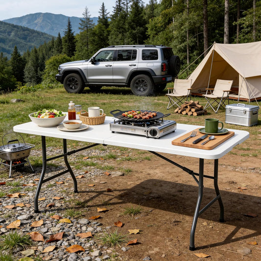 5 FT Folding Table, Heavy Duty Fold in Half Plastic Tables with Carry Handle, Portable Indoor Outdoor Utility Table for Party, Picnic, Camping, Banquet, Wedding, RV Travel