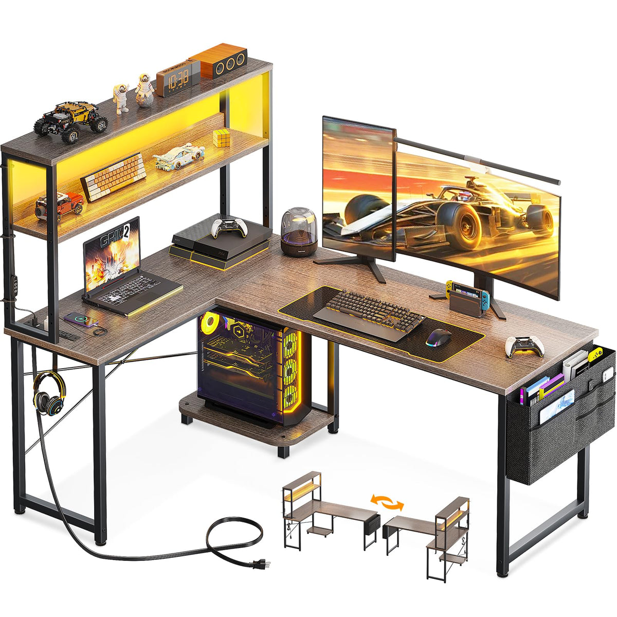 AODK L Shaped Desk Gaming Desk with LED Light & Power Outlet