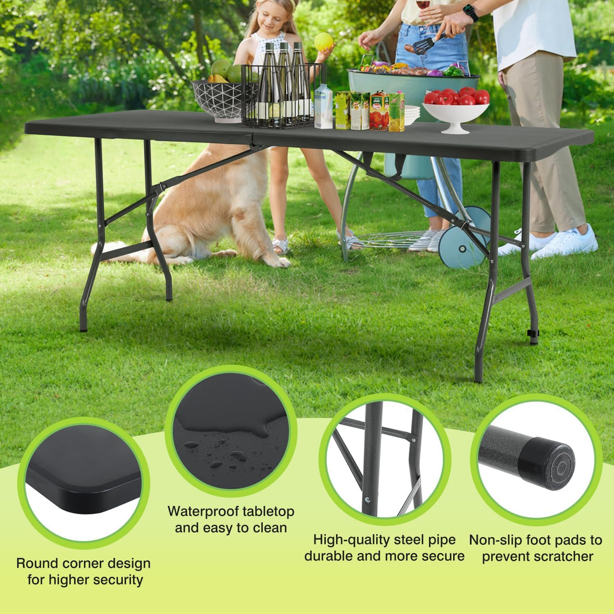 BestOffice | 6FT Folding Table | Black | Portable Plastic Table