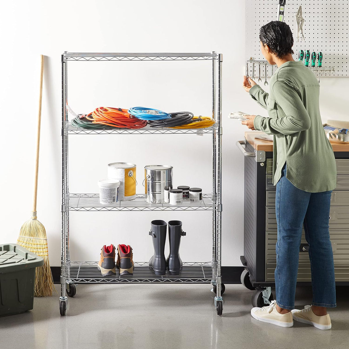 Amazon Basics 4-Shelf Adjustable Heavy Duty Storage Shelving Unit with Wheels, No-Tool Easy Assembly, Garage Shelving, Metal Wire Rack with Casters and Leveling Feet, 36" x 14" x 57.8", Chrome